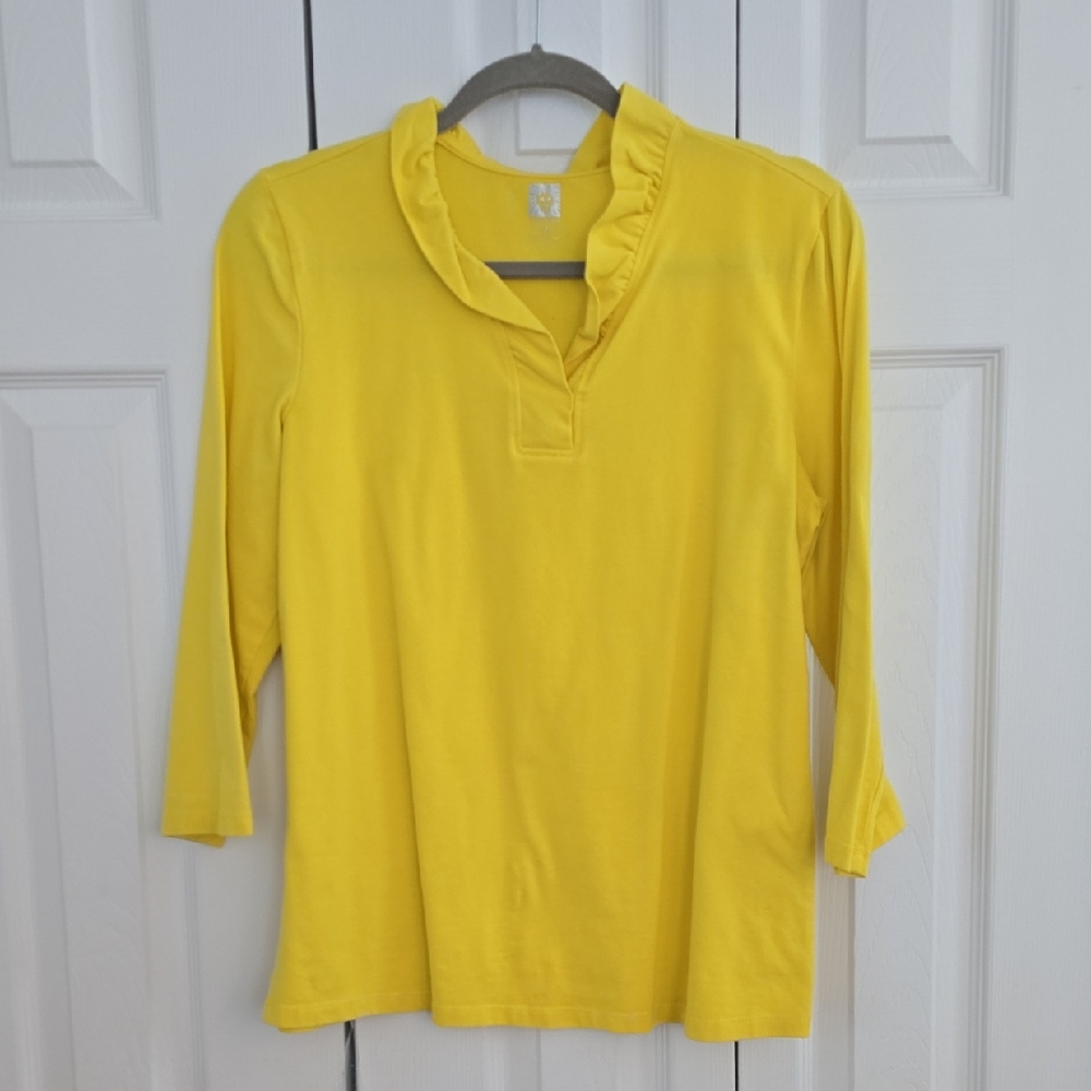 Anne Klein Sunny Yellow Ruffle V-Neck Long Sleeve Top